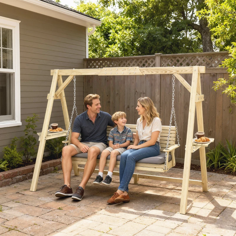 Outsunny 3 Seat Wooden Porch Swing with Stand, Patio Swing with Cushion, for Garden, Poolside, Backyard, Natural Wood