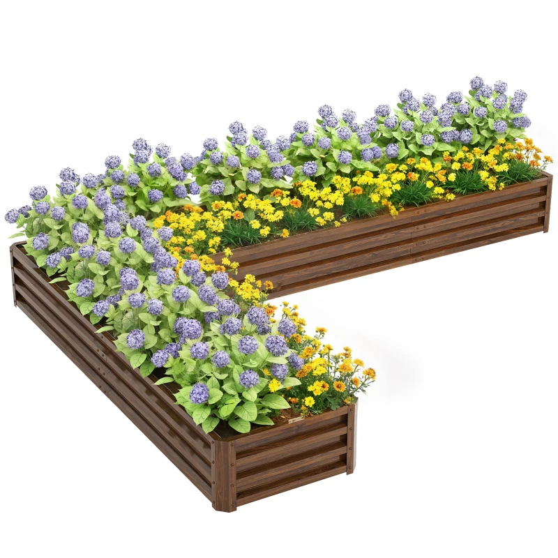 Outsunny L-Shaped Raised Garden Bed, 82" x 109" x 12" Galvanized Steel Planter Box with Multi-reinforced Rods for Vegetables, Flowers and Herbs, Dark Brown Wood Effect