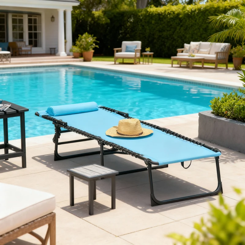 Outsunny Outdoor Folding Lounge Chair, 4-Level Adjustable Chaise Lounge with Headrest, Tanning Chair Beach Bed, Reclining Lounger Cot for Camping, Hiking, Backyard, Sky Blue