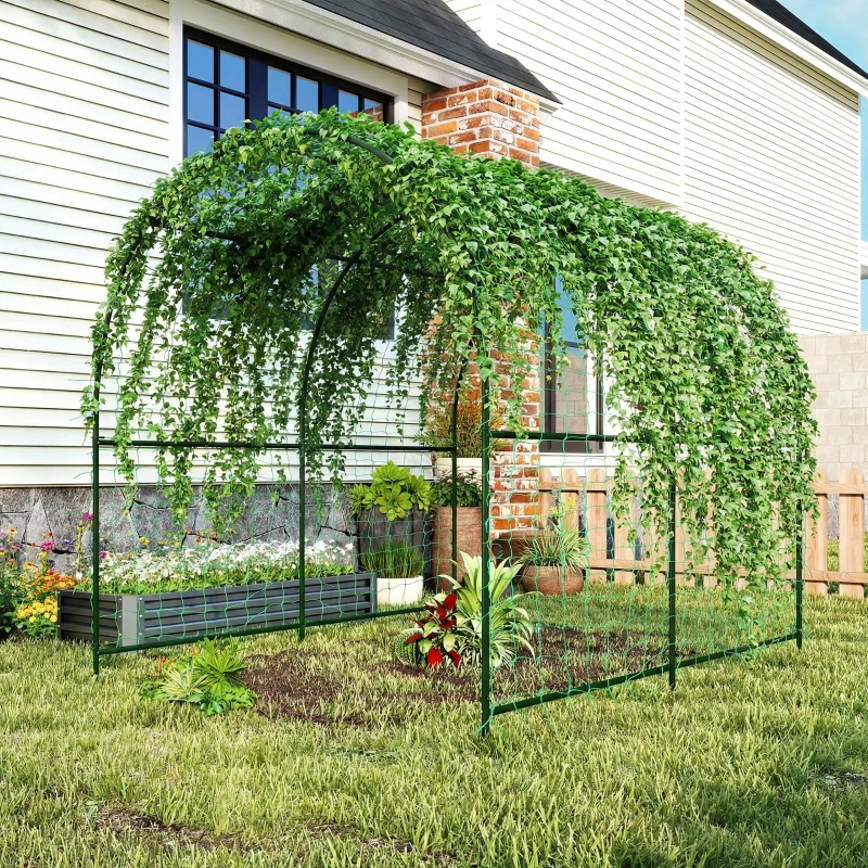 Outsunny Garden Arch Trellis for Climbing Plants Outdoor, 7.1FT Tall Cucumber Trellis with Climbing Net for Backyard, Lawn