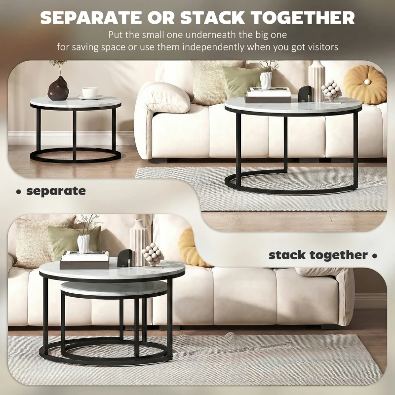 HOMCOM Modern Coffee Table Set of 2, Nesting Side Tables w/ Metal Base for Living Room Bedroom Office Marble White