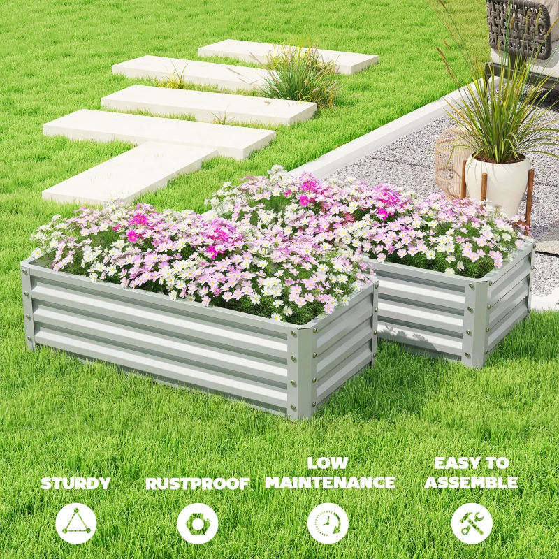 Outsunny Galvanized Raised Garden Beds, Outdoor Planter Box, Set of 2, for Flowers, Herbs and Vegetables, Silver