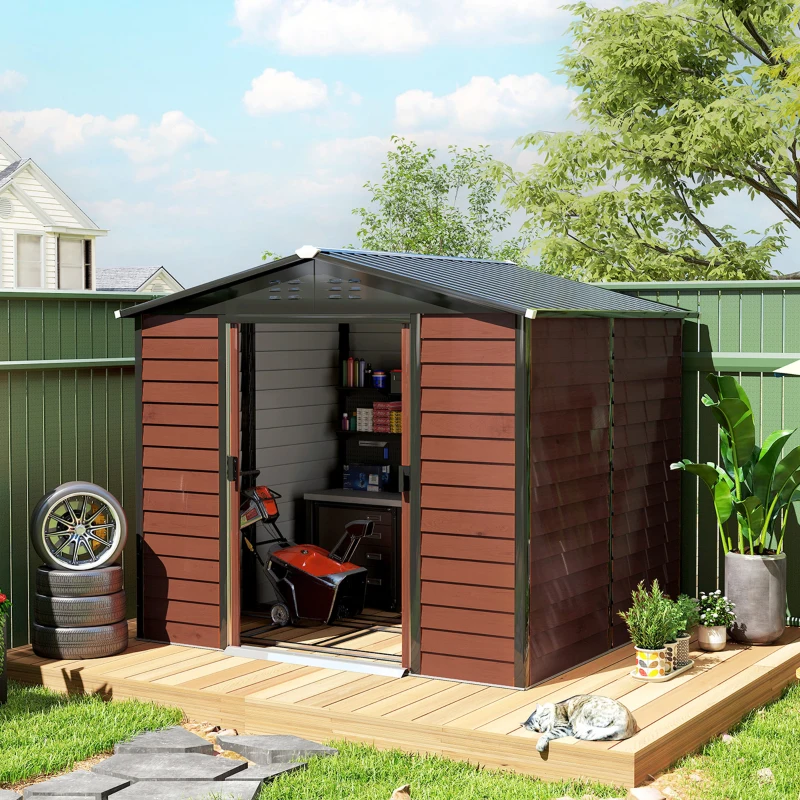 Outsunny 8' x 7' Outdoor Storage Shed, Galvanized Steel Metal Garden Shed with Lockable Doors, Floor Frame, Vents, Lock and Gloves for Backyard, Lawn, Patio, Teak