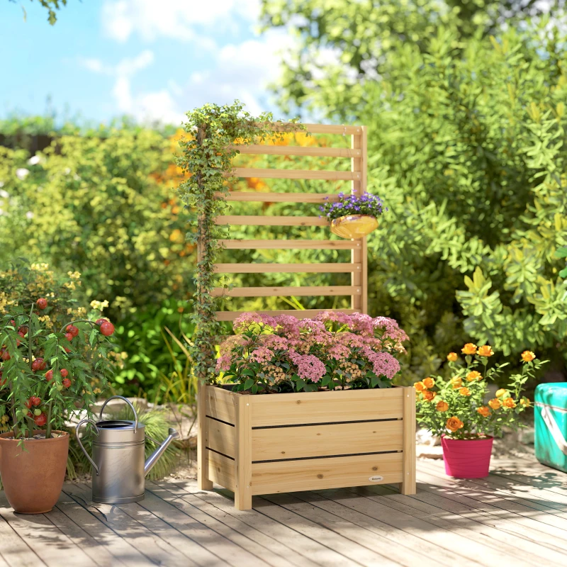 Outsunny Wooden Raised Garden Bed with Trellis, Outdoor Elevated Planter Box with Drainage Hole and Bed Liner