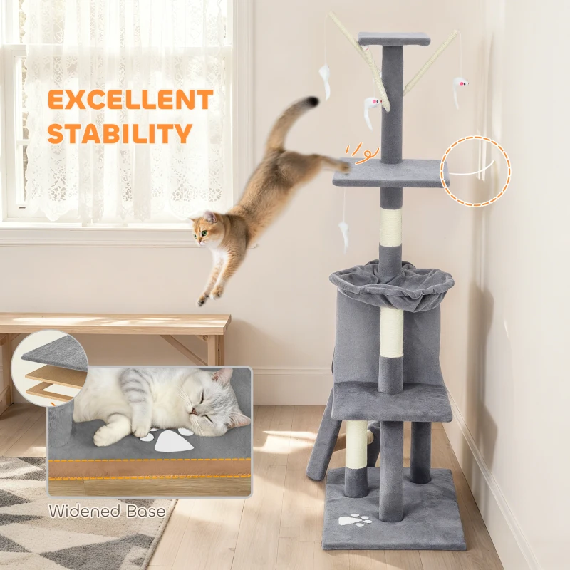 PawHut 53" Cat Tree Tower, Kitten Activity Centre with Scratching Posts, Condo, Perches, Ladder, Hammock, Dangling Toys, Grey