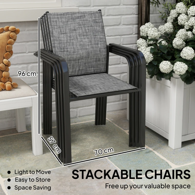 Outsunny Stackable Patio Chairs Set of 4, Outdoor Dining Chairs with 20" Deep Seat, All Weather Breathable Mesh, Armrests, Grey