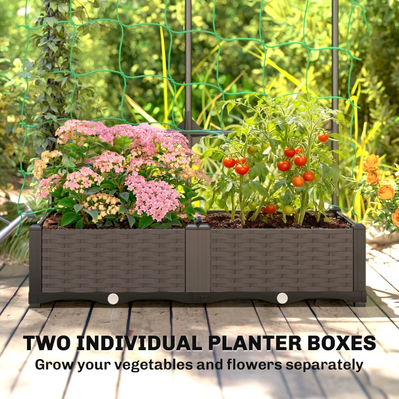 Outsunny 2PCS Plastic Planter Box with Trellis, Self-Watering Raised Garden Bed with Trellis and Netting