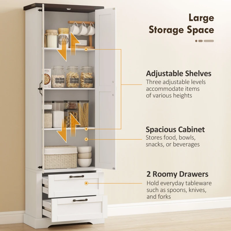 HOMCOM 71" Tall Kitchen Pantry Cabinet, Farmhouse Kitchen Storage Cabinet with 2 Drawer and Adjustable Shelves, White