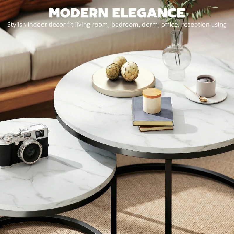 HOMCOM Modern Coffee Table Set of 2, Nesting Side Tables w/ Metal Base for Living Room Bedroom Office Marble White