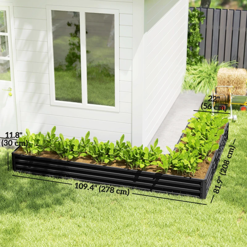 Outsunny L-Shaped Raised Garden Bed, 82" x 109" x 12" Galvanized Steel Planter Box with Multi-reinforced Rods for Vegetables, Flowers and Herbs, Black