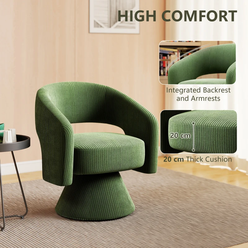 HOMCOM Swivel Barrel Accent Chair, Modern Upholstered Living Room Chair with Thick Padding for Reading, Green