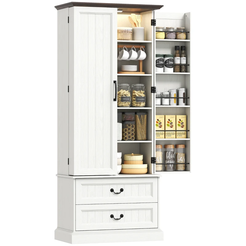 HOMCOM 72" LED Kitchen Pantry Cabinet, Buffet Storage Cabinet with 10 Door Shelves, 2 Drawers and Adjustable Shelves, White
