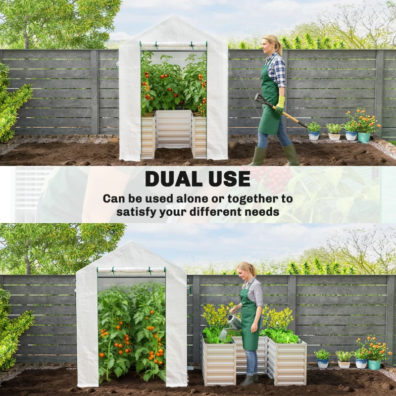 Outsunny Greenhouse with Raised Garden Bed, Galvanized Metal Planter Box with PE Cover, Roll Up Door, 56" x 56" x 75", White