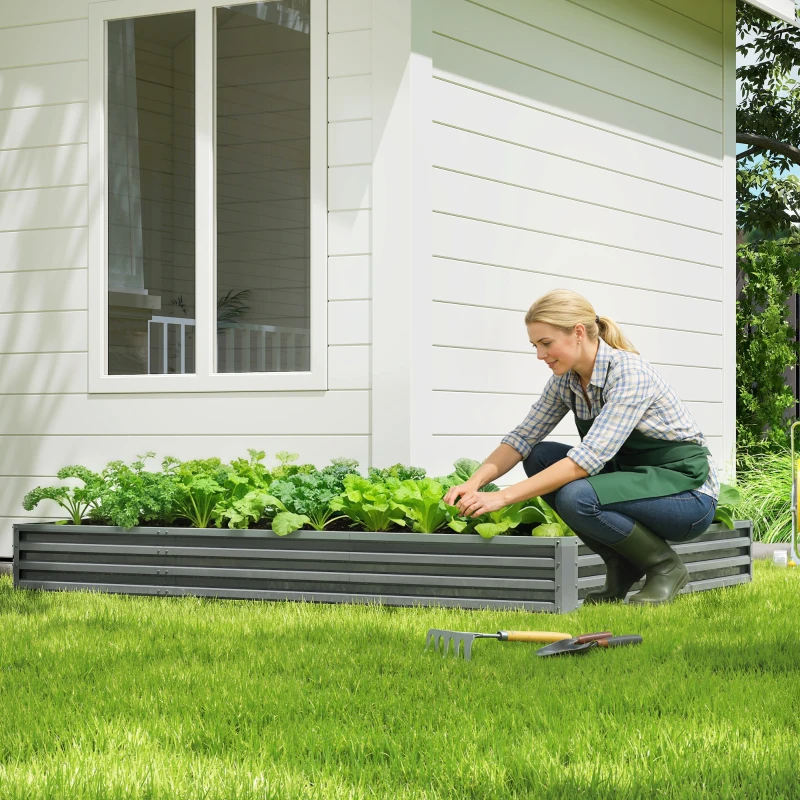 Outsunny L-Shaped Raised Garden Bed, 82" x 109" x 12" Galvanized Steel Planter Box with Multi-reinforced Rods for Vegetables, Flowers and Herbs, Light Grey