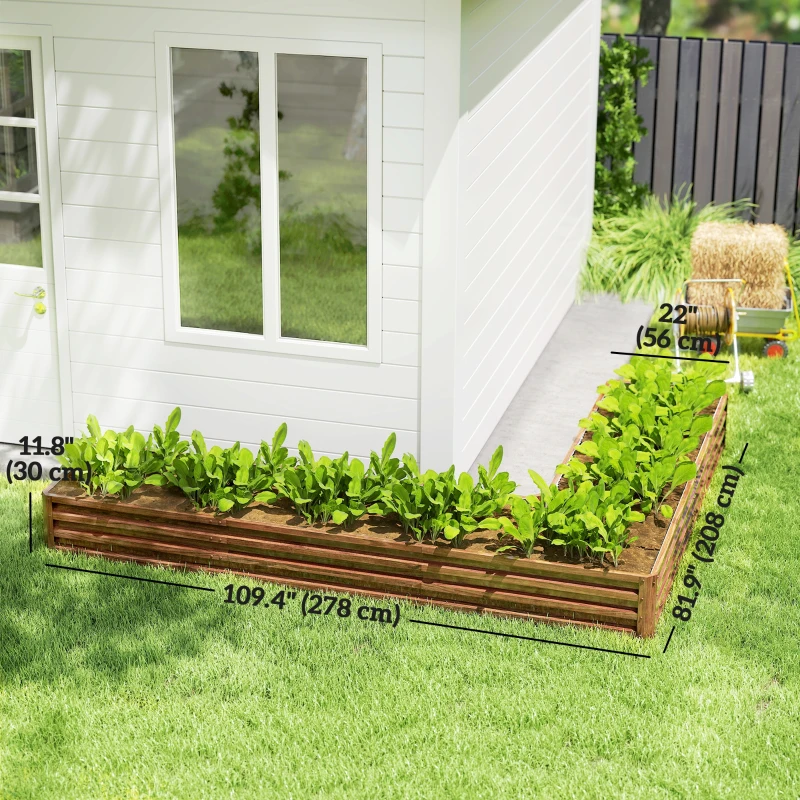 Outsunny L-Shaped Raised Garden Bed, 82" x 109" x 12" Galvanized Steel Planter Box with Multi-reinforced Rods for Vegetables, Flowers and Herbs, Dark Brown Wood Effect