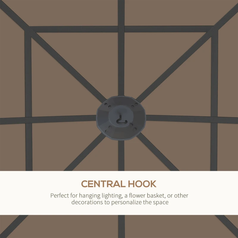 Outsunny 10' x 10' Outdoor Hardtop Gazebo Canopy with UV60+ Polycarbonate Roof, Steel Frame, Central Hook, Curtains, Khaki