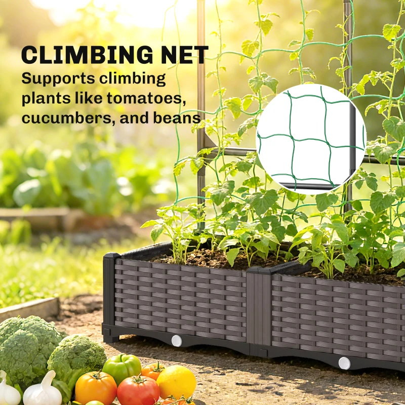 Outsunny 2PCS Plastic Planter Box with Trellis, Self-Watering Raised Garden Bed with Trellis and Netting