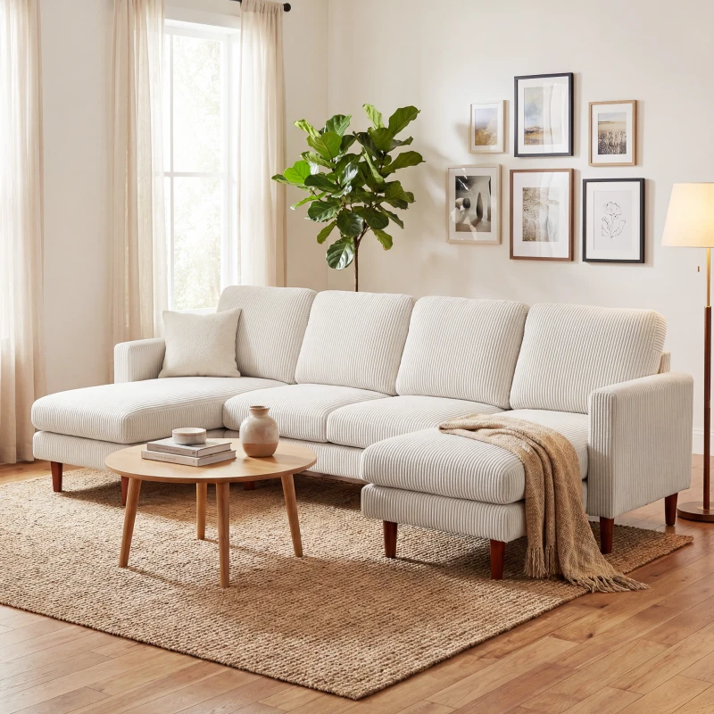 HOMCOM Sectional Sofa, Corduroy U Shaped Couch with Double Chaise and Spring Cushions, 2200lb Capacity, Beige