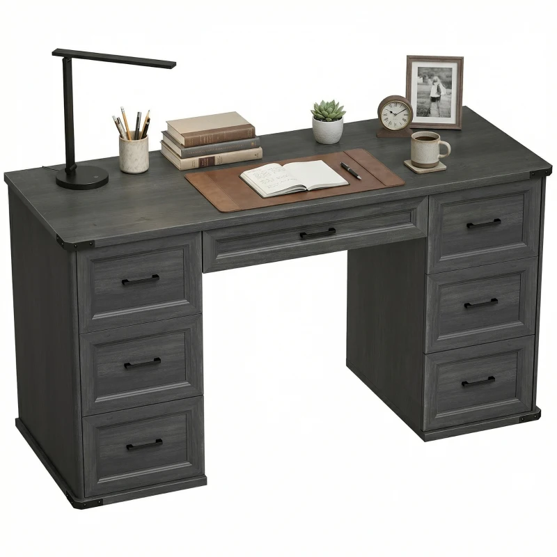 HOMCOM 55" Computer Desk with 7 Drawers, Farmhouse Executive Desk for Home Office, Study, Bedroom, Black Wood Grain