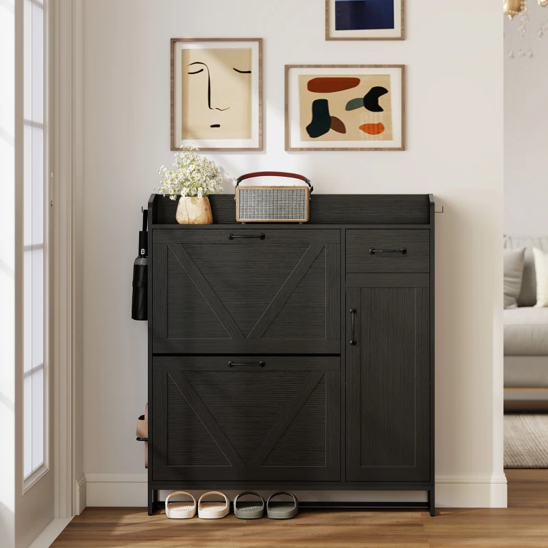 HOMCOM Farmhouse Shoe Storage Cabinet with Side Cabinet and Adjustable Shelves for Entryway, Hallway, Holds 12 Pairs, Black