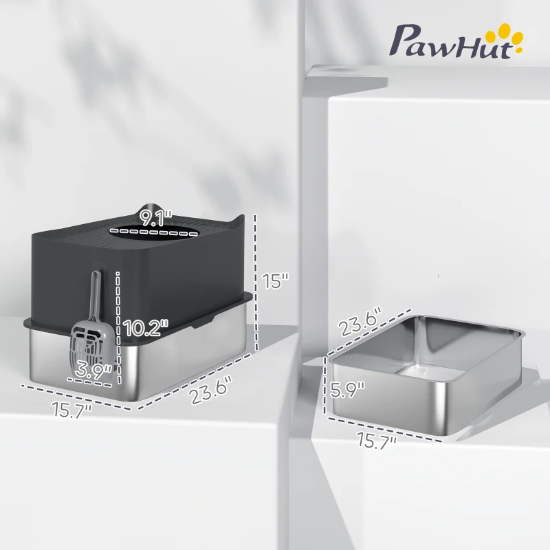 PawHut Extra Large Stainless Steel Litter Box, Enclosed Cat Litter Box with Scoop, Top Entrance, Non-slip Pads, Black