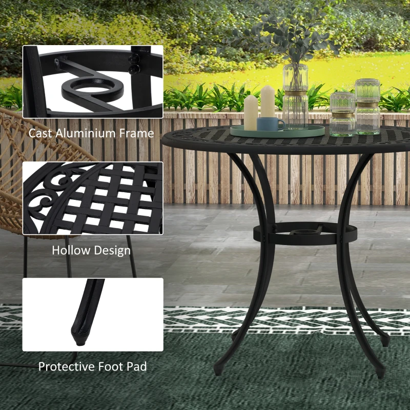 Outsunny 35.5" Round Outdoor Dining Table for 2-4, Cast Aluminum Garden Patio Table with 2" Umbrella Hole, Grid Top, Black