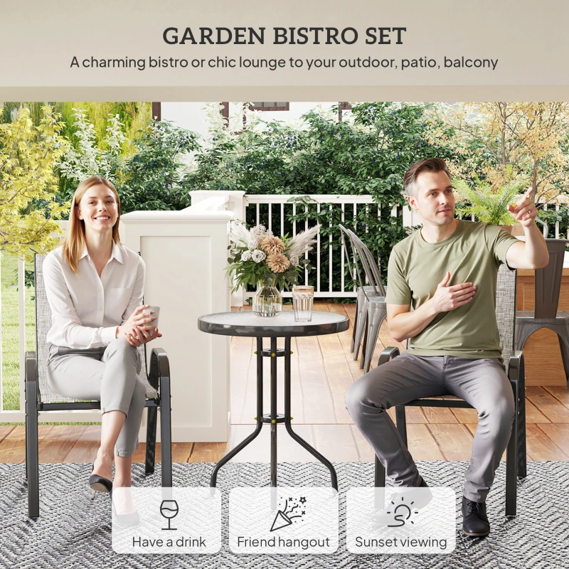 Outsunny 3 Pieces Bistro Set, Small Patio Furniture Set with Stackable Mesh Chairs, Glass Table for Garden, Balcony, Grey