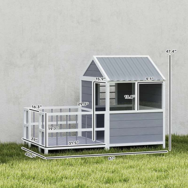 PawHut Outdoor Dog House, 61"L Wooden Dog House with Porch, Weatherproof Roof, Elevated Base, Air Vents & Observation Windows