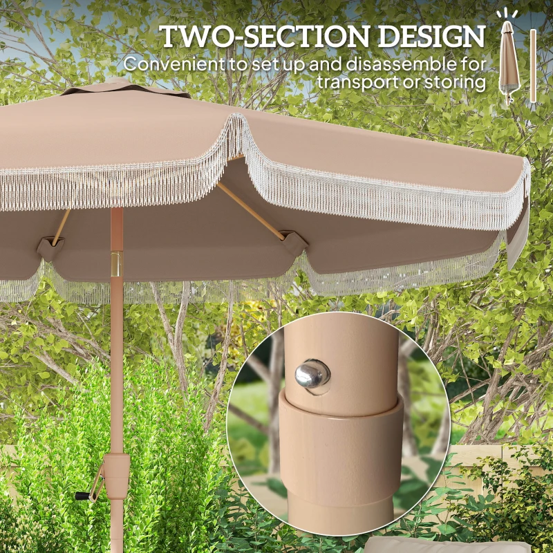 Outsunny 9 ft Patio Umbrella with Push Button Tilt and Crank, Fringed Outdoor Market Table Umbrella Parasol, Khaki