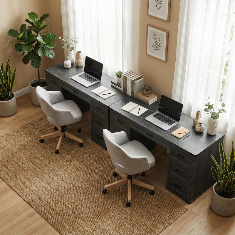 HOMCOM 55" Computer Desk with 7 Drawers, Farmhouse Executive Desk for Home Office, Study, Bedroom, Black Wood Grain