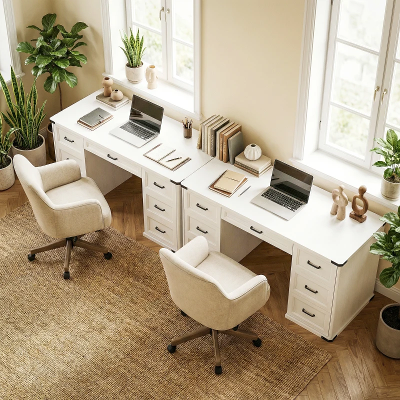 HOMCOM 55" Computer Desk with 7 Drawers, Farmhouse Executive Desk for Home Office, Study, Bedroom, White Wood Grain