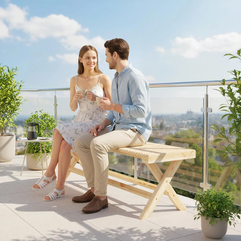 Outsunny 55.1" Garden Bench 2-Seater Outdoor Bench with Slatted Seat for Patio Porch, Natural Wood Finish