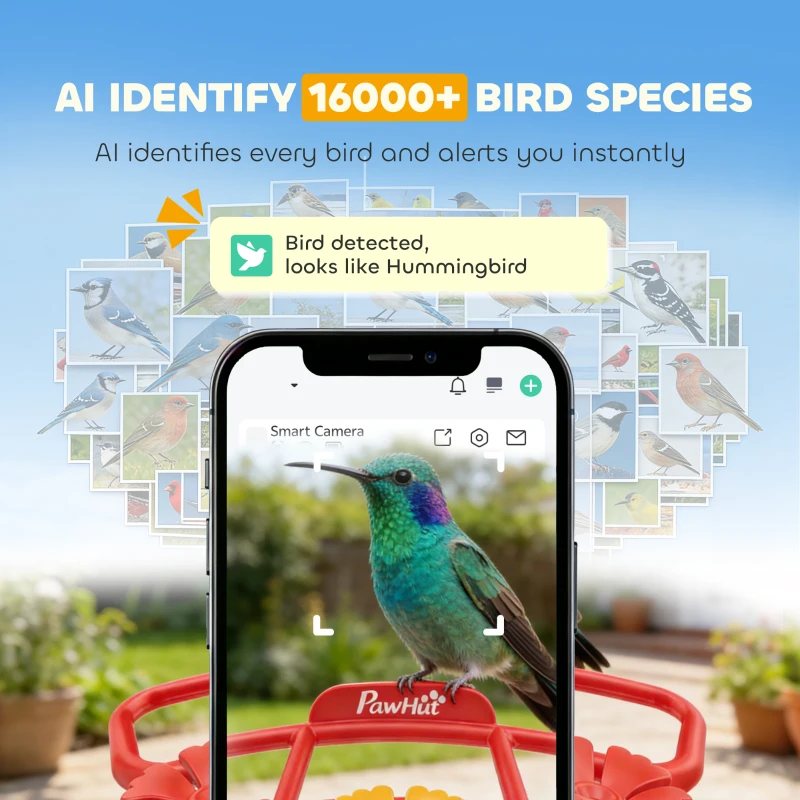PawHut Smart Bird Feeder with Camera, AI Identify 16000+ Birds, 2K HD Live Video, 3W Solar, Instant Arrival Alerts
