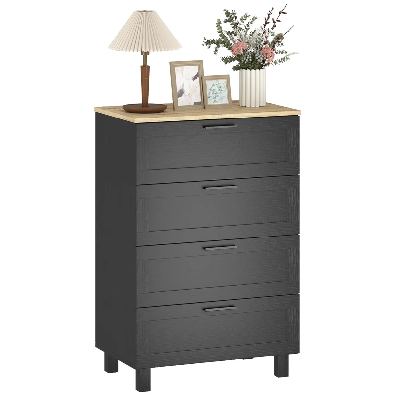 HOMCOM Dresser for Bedroom with 4 Drawers, Chest of Drawers with Solid Wood Legs for Closet, Living Room, Entryway, Black