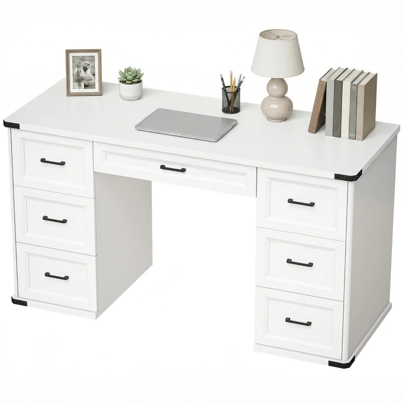 HOMCOM 55" Computer Desk with 7 Drawers, Farmhouse Executive Desk for Home Office, Study, Bedroom, White Wood Grain