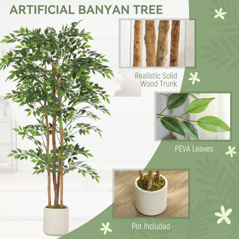 HOMCOM 6FT Artificial Banyan Tree Set of 2, Fake Potted Tree with Solid Wood Trunk and Pot for Indoor