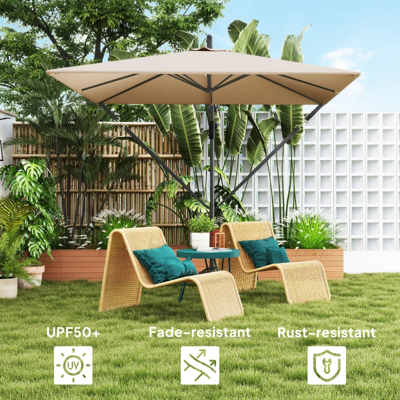 Outsunny Patio Offset Umbrella UPF 50+ UV Protection, Crank Parasol with Base, Cover & Wind Securing, Khaki