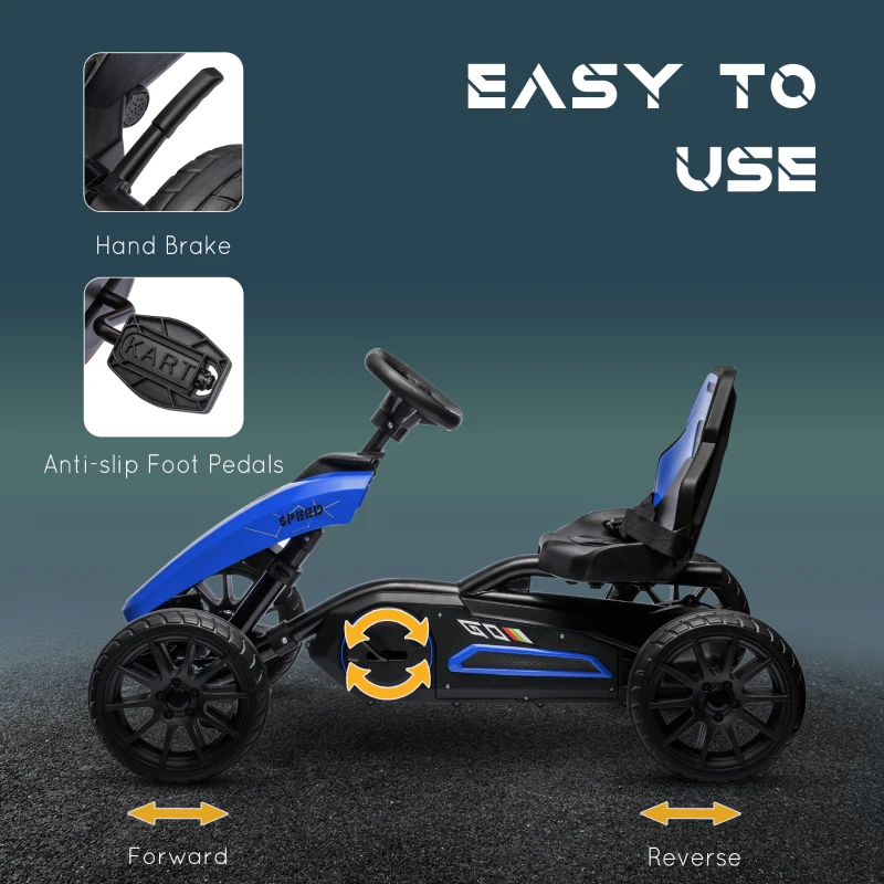 Aosom Pedal Go Kart for Kids, Pedal Car with Swing Axle, Adjustable Bucket, Handbrake, 4 EVA Wheels Powered Ride, Indoor Foot Racer, for 3-8 Years Old, Blue