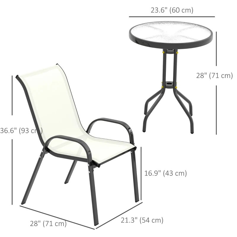 Outsunny 3 Pieces Bistro Set, Small Patio Furniture Set with Stackable Mesh Chairs, Glass Table for Garden, Balcony, Beige