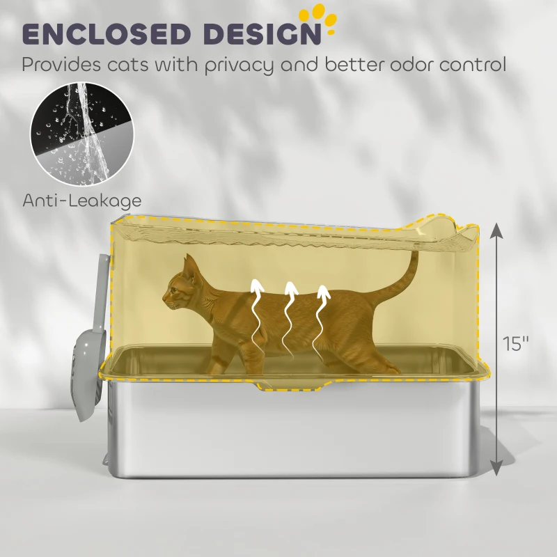 PawHut Extra Large Stainless Steel Litter Box, Enclosed Cat Litter Box with Scoop, Top Entrance, Non-slip Pads, Black