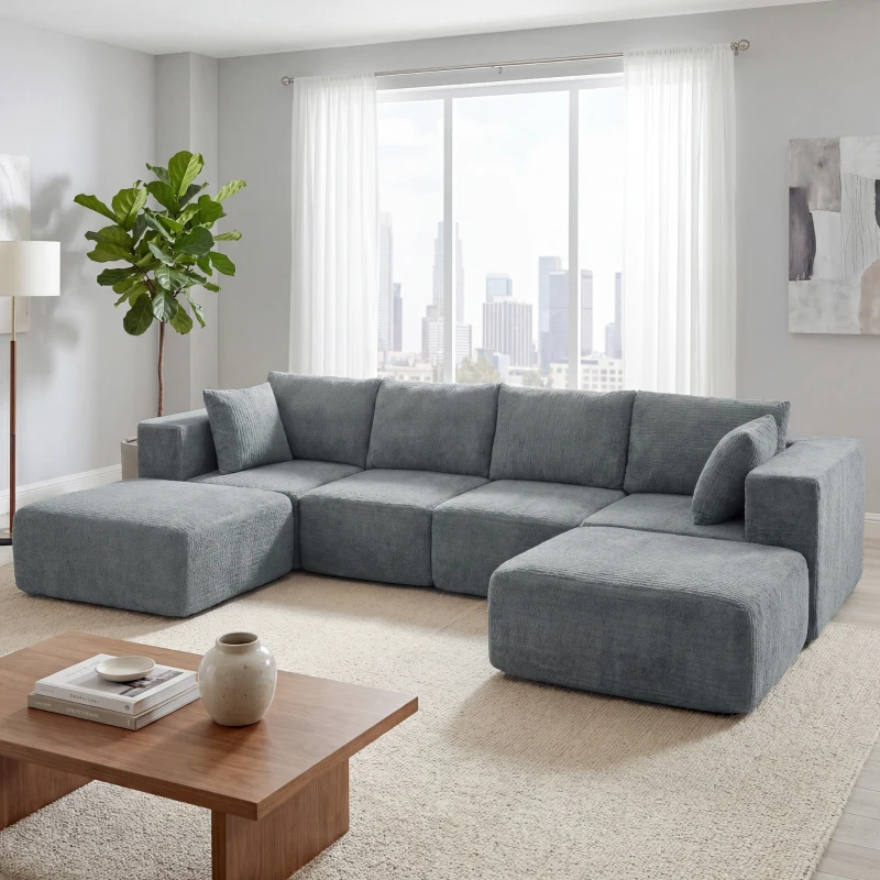 HOMCOM Modular Sectional Sofa, Boneless U-Shape Sectional Couch with 2 Ottomans, Dark Gray