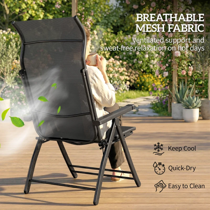 Outsunny Folding Patio Chairs Set of 2, 5-Position Outdoor Lounge Chairs with High Back, Retractable Footrest, Dark Grey