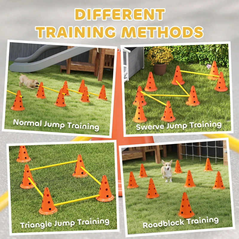 PawHut Dog Agility Hurdle Cone Set, Adjustable Obstacle Course Equipment with 8 Cones & 8 Poles, Carry Bag, Orange