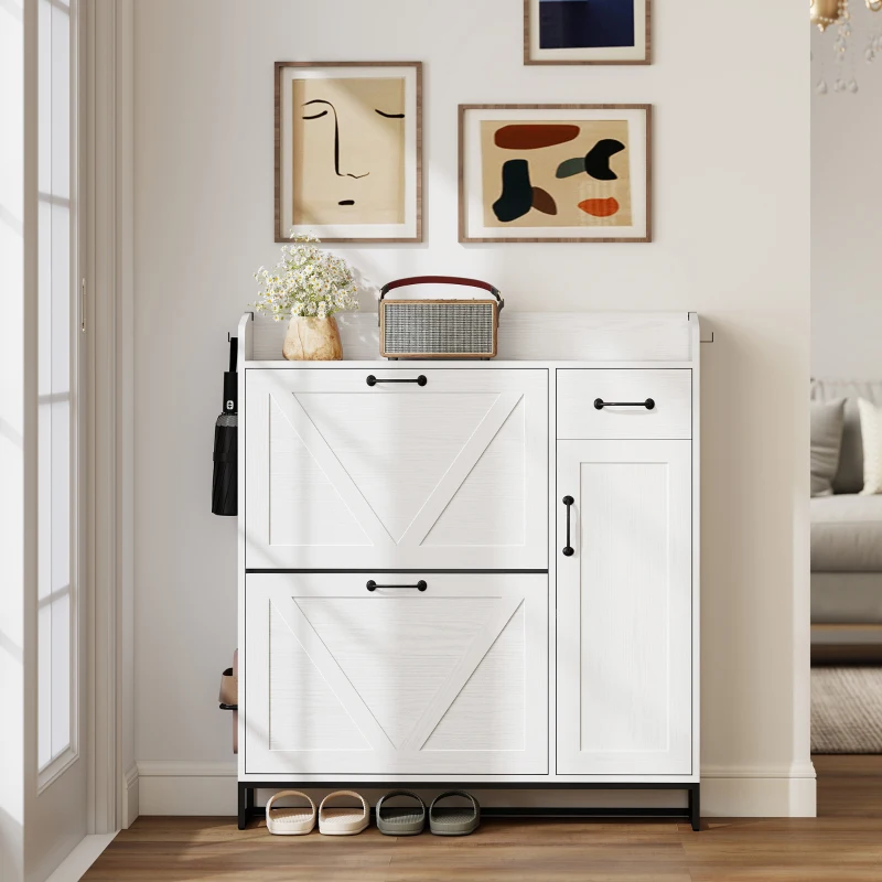 HOMCOM Farmhouse Shoe Storage Cabinet with Side Cabinet and Adjustable Shelves for Entryway, Hallway, Holds 12 Pairs, White