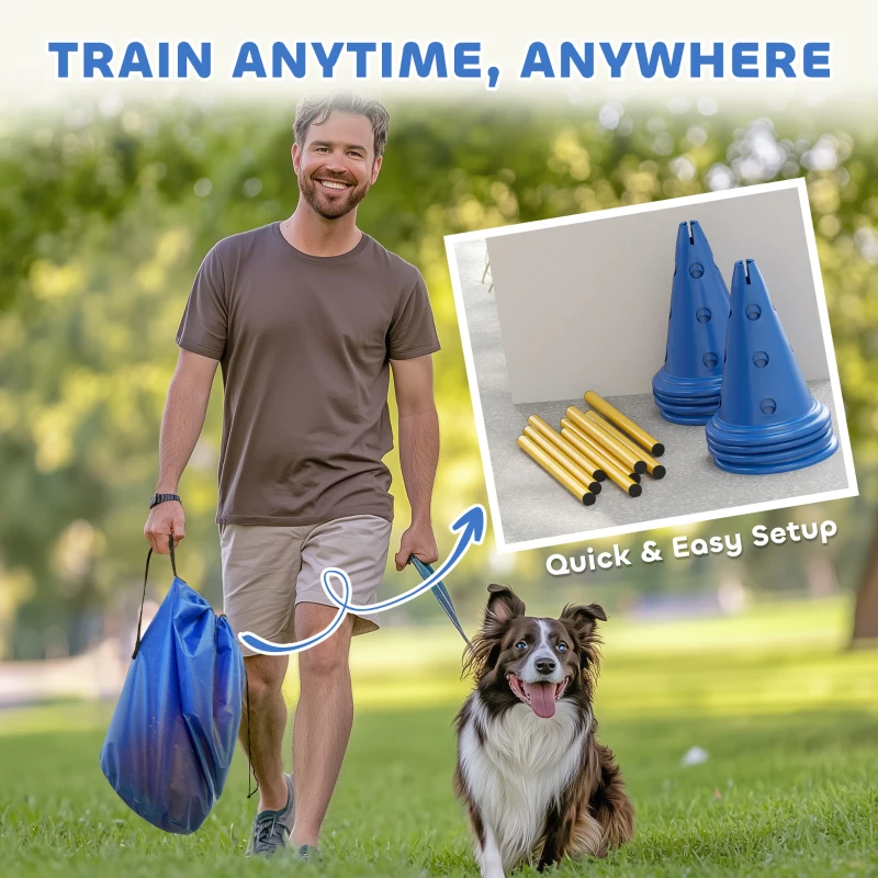 PawHut Dog Agility Hurdle Cone Set, Adjustable Obstacle Course Equipment with 8 Cones & 8 Poles, Carry Bag, Blue