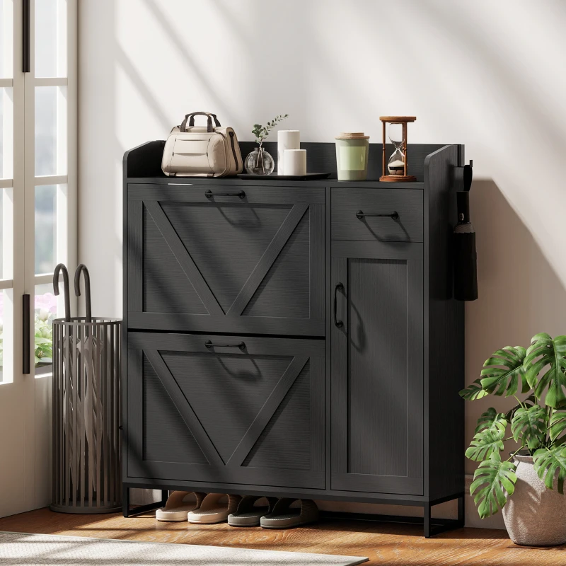 HOMCOM Farmhouse Shoe Storage Cabinet with Side Cabinet and Adjustable Shelves for Entryway, Hallway, Holds 12 Pairs, Black