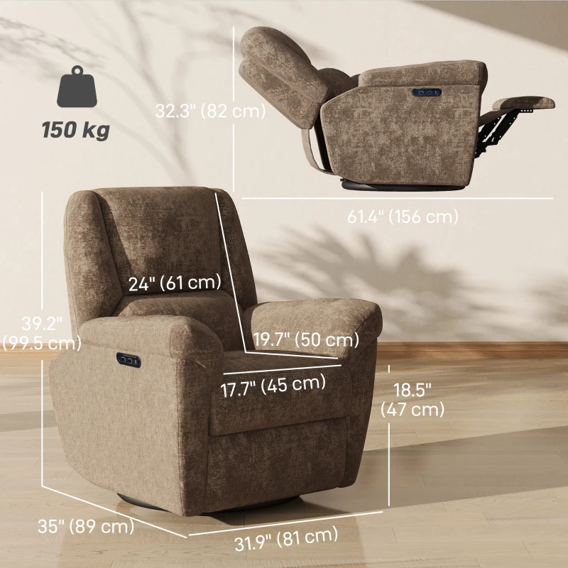 HOMCOM Power Recliner Chair, Fabric Upholstered Recliner Chair with USB Ports, Swivel and Rocking Function, Footrest