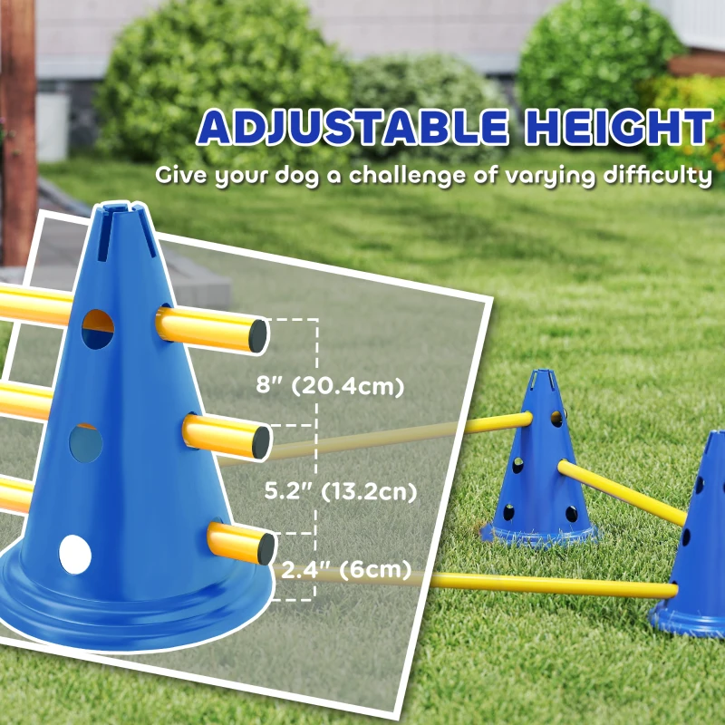 PawHut Dog Agility Hurdle Cone Set, Adjustable Obstacle Course Equipment with 8 Cones & 8 Poles, Carry Bag, Blue
