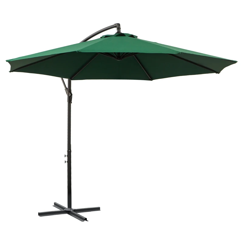 Outsunny 9.7ft Offset Patio UmbrellaCantilever Parasol with Crank Handle, 8 Ribs and Cross Base for Outdoor, Sun Shade, Green