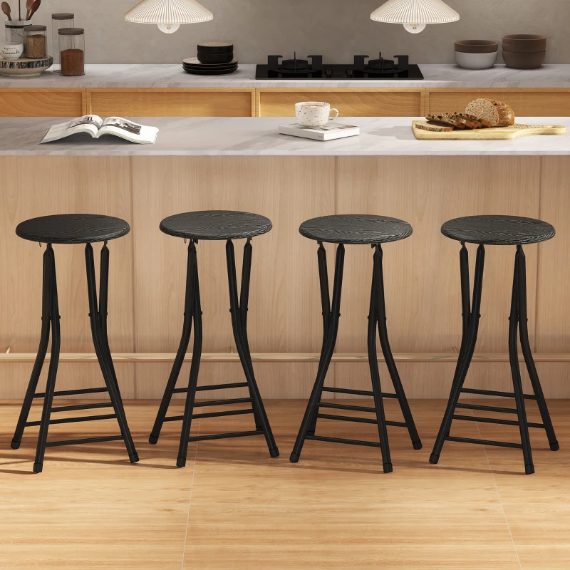HOMCOM Set of 4 Foldable Barstools, Counter Height Bar Stools with Footrest and Steel Legs for Kitchen Island, Black